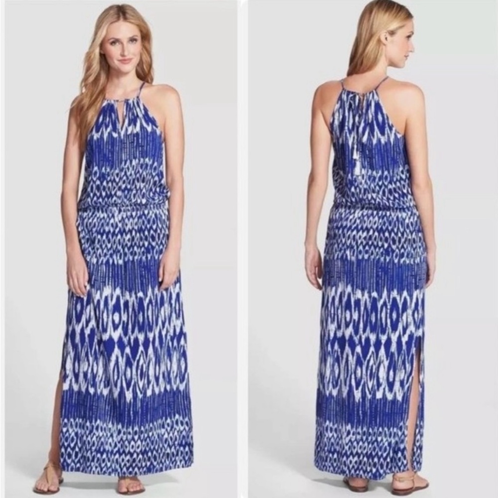 Tommy Bahama Perfect Beach batik Halter Maxi Dress tassels Medium